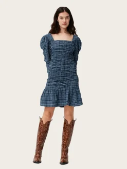 F7257 Stretch Seersucker Gathered Mini Dress - Mini Check Granada