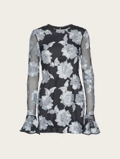 Flower Mesh LS Mini Dress - Gray Pinstripe Comb