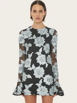 Flower Mesh LS Mini Dress - Gray Pinstripe Comb