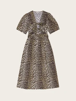 Printed Cotton Tie Strap Midi Dress - Leopard