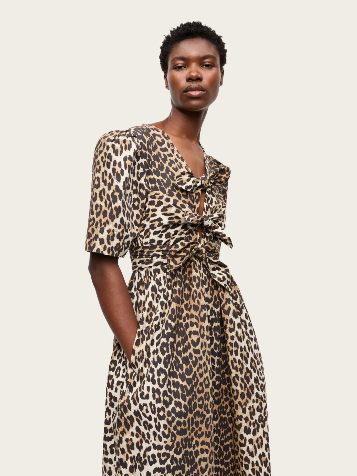 Printed Cotton Tie Strap Midi Dress - Leopard