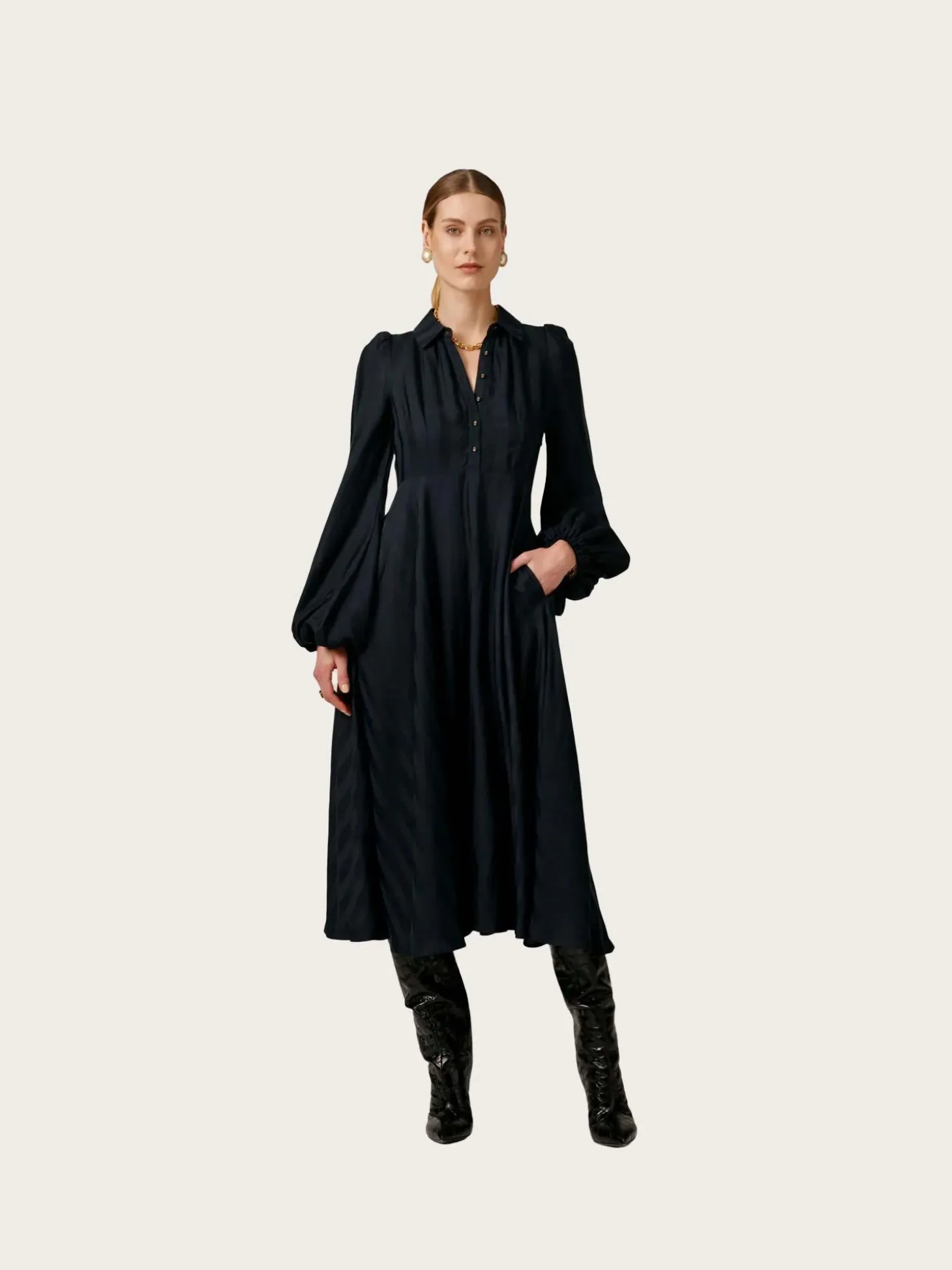 Striped Collared Midi Dress - Black